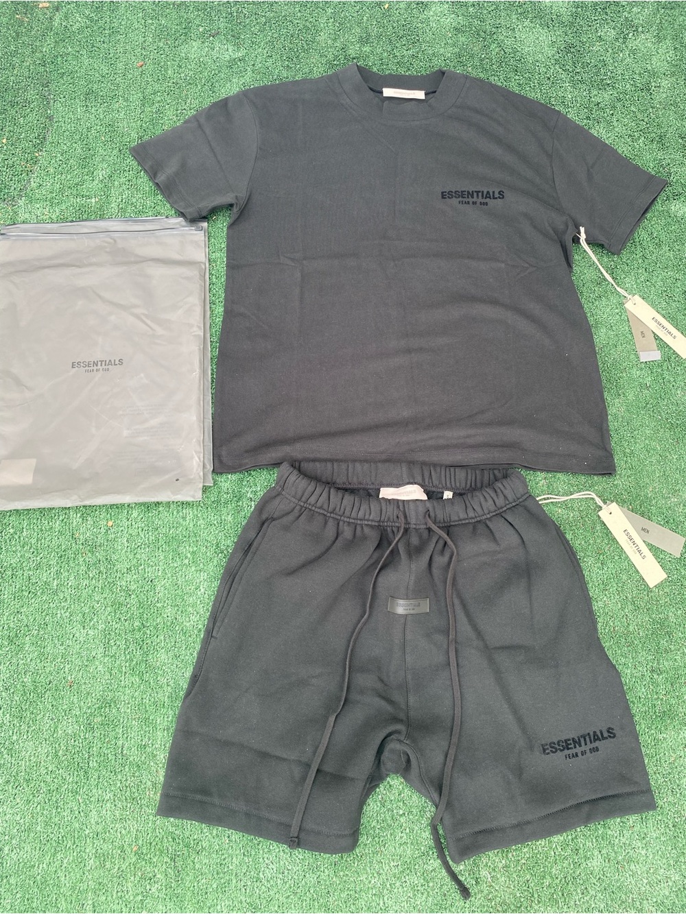 ESSENTIALS Black Men’s Logo Fleece Hybrid Shorts and Shirt set